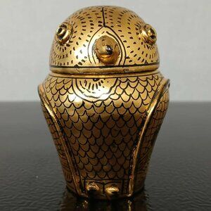 VTG 60's 5 1/4" Tall Gold leaf & Black Lacquered OWL Container w/Lid-Thailand